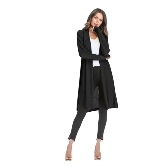Womens Black Longline Open Front Cardigan Ribbed Texture & Pockets Size M Casual - Picture 1 of 11